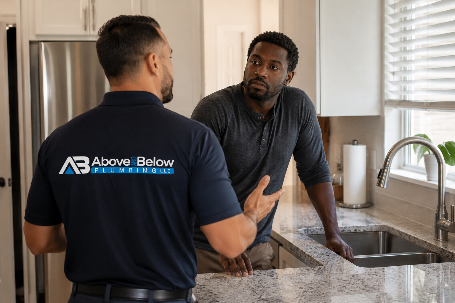 Above & Below plumber speaking with a homeowner in the kitchen