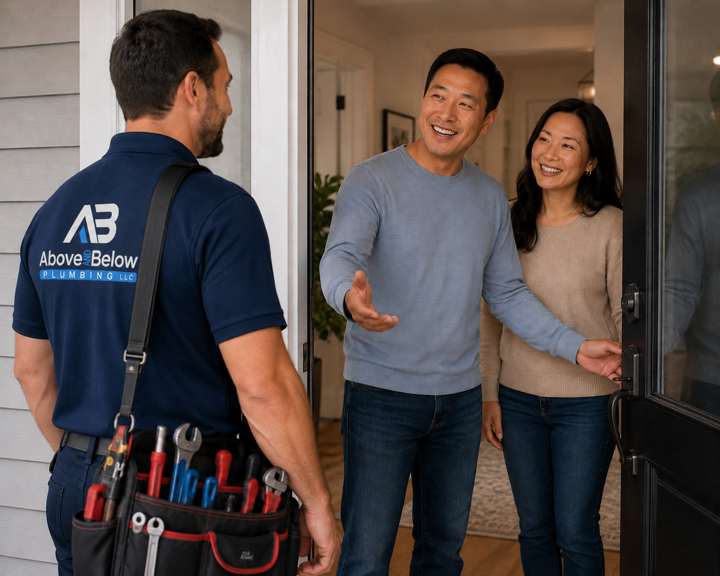 Above & Below plumber speaking with a homeowner