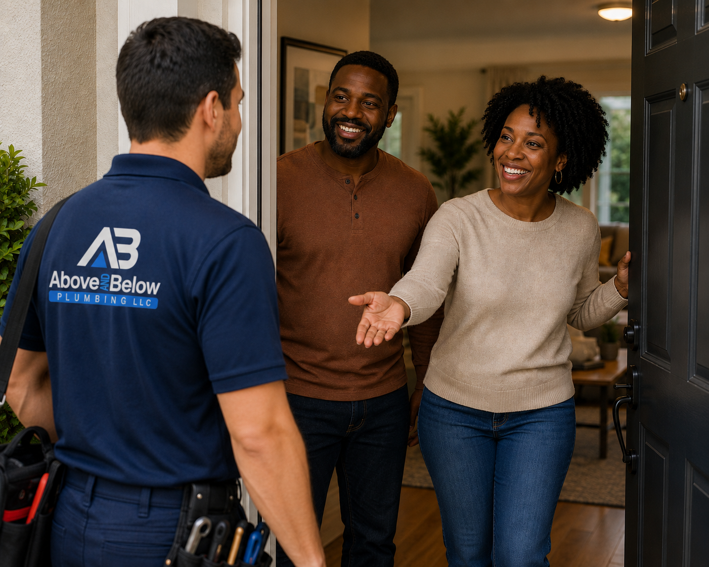 Above & Below plumber shaking hands with a homeowner