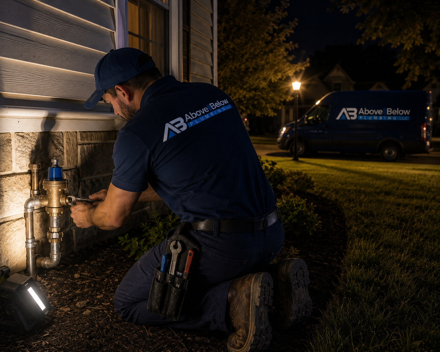 Emergency plumber working at night