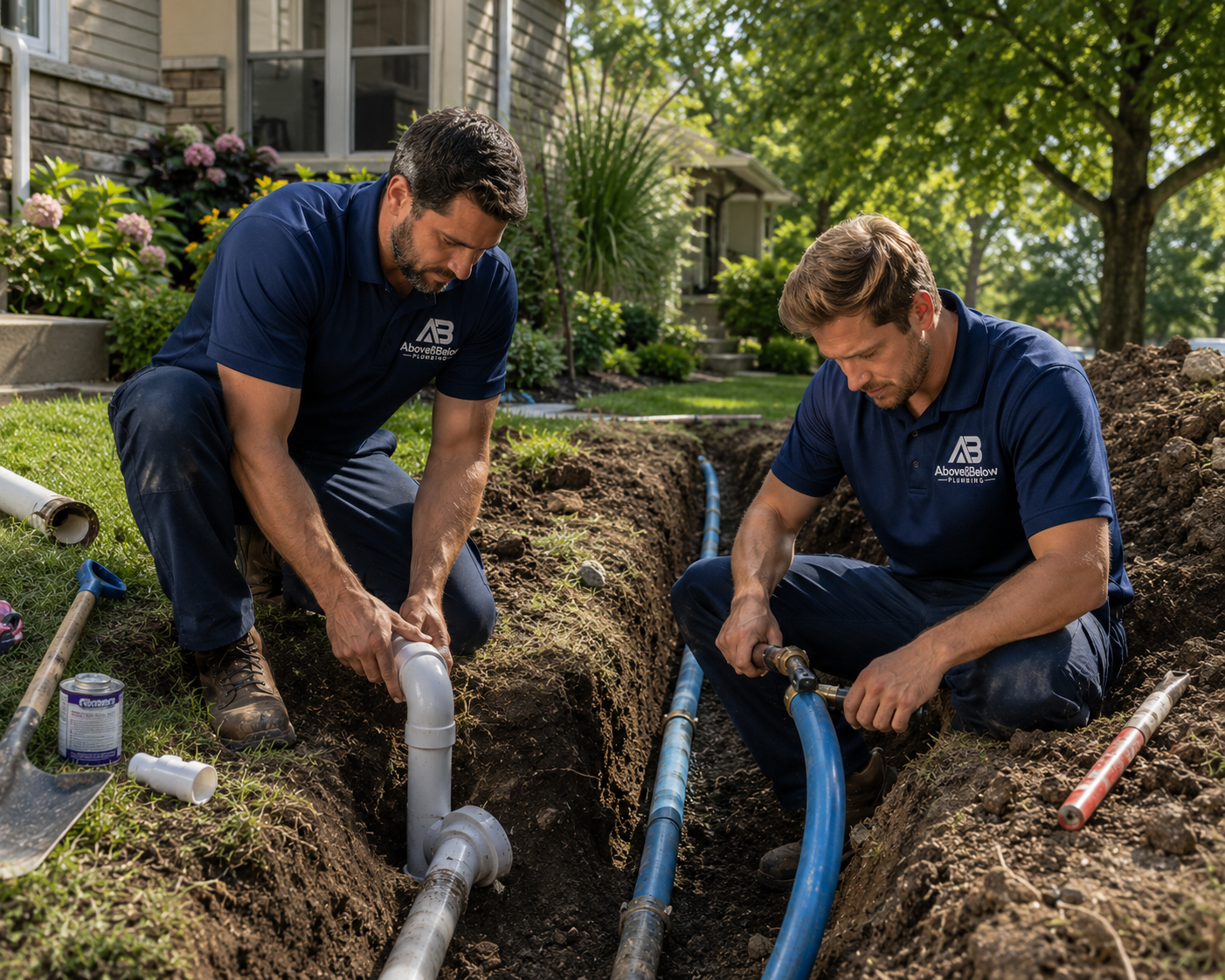 Above & Below plumber repairing a residential sewer line