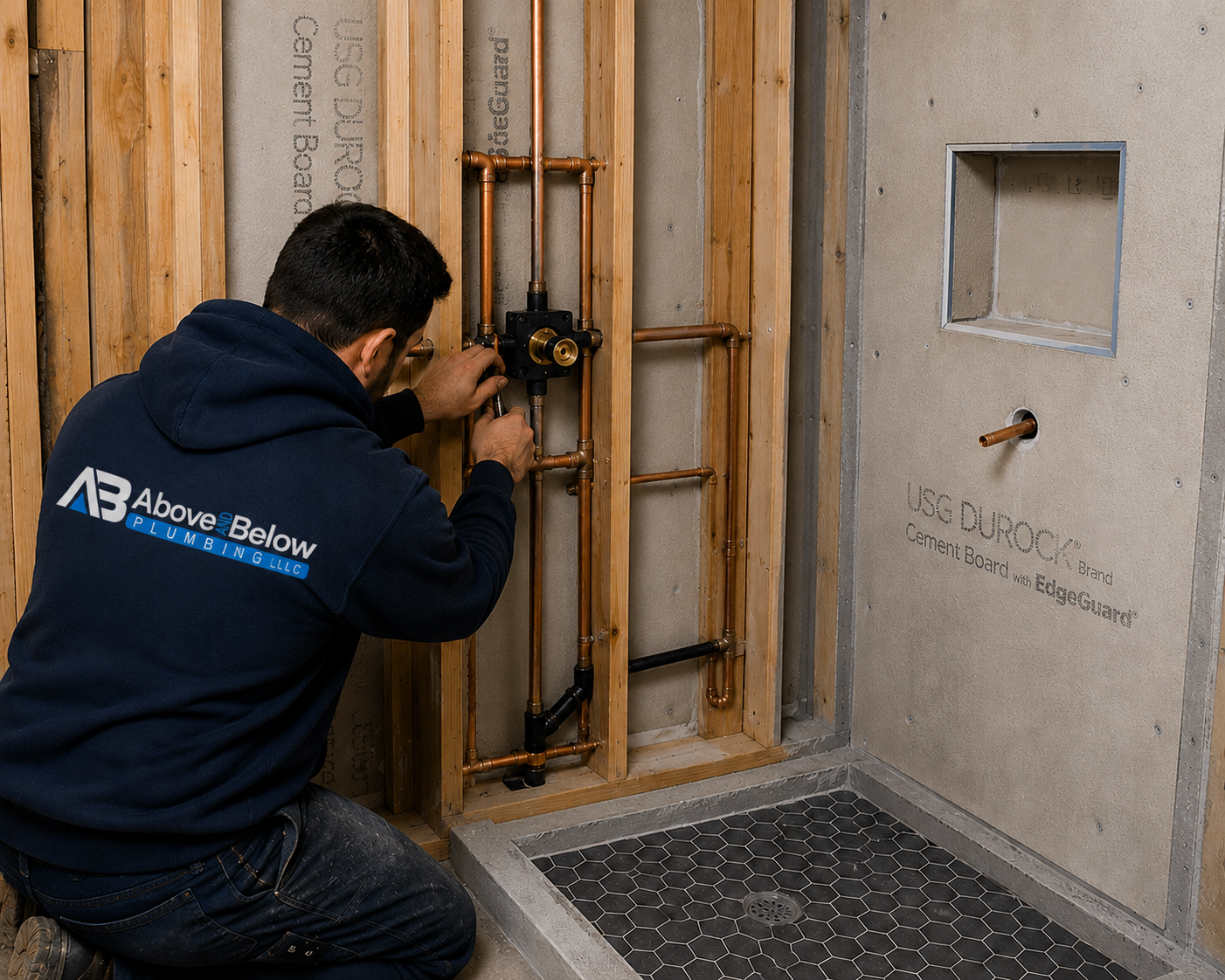 Above & Below plumbing team servicing a water heater