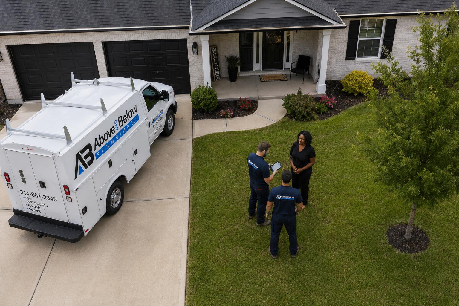 Above & Below Plumbing service truck and technicians meeting a homeowner in the driveway